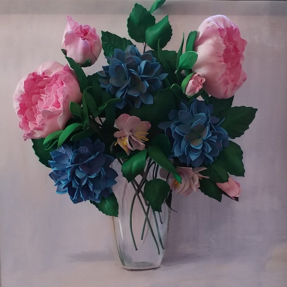 3D wall art. Hydrangeas and Peonies in a glass vase.
